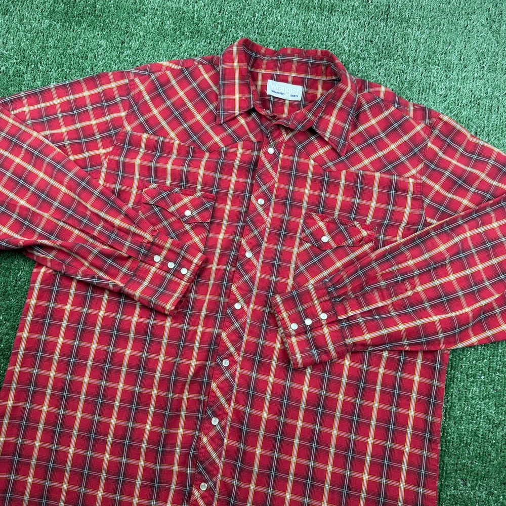 Wrangler Wrancher Mens Red Plaid Western Pearl Snap Long Sleeve Shirt L